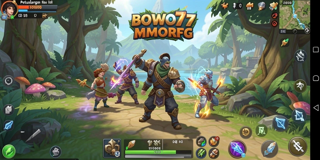 Screenshot gameplay BOWO77 menampilkan pertempuran seru dan interaksi sosial.