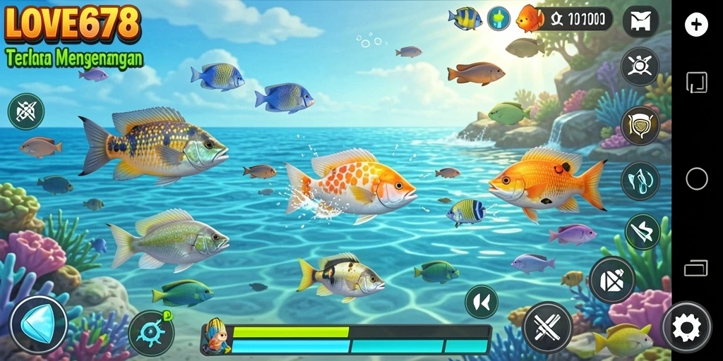 Tangkapan layar gameplay LOVE678 dengan ikan beragam dan aksi seru.