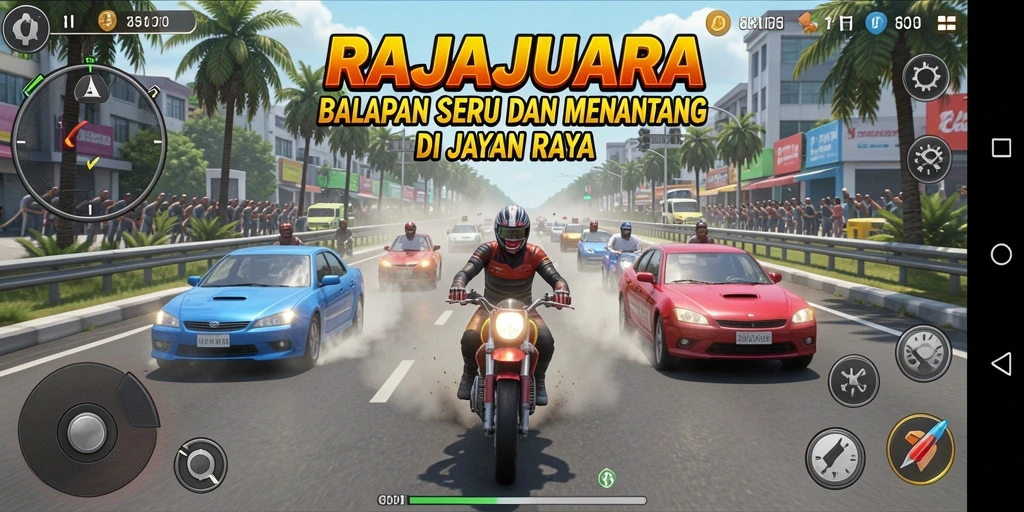 Screenshot gameplay RAJAJUARA yang menampilkan aksi balapan seru.