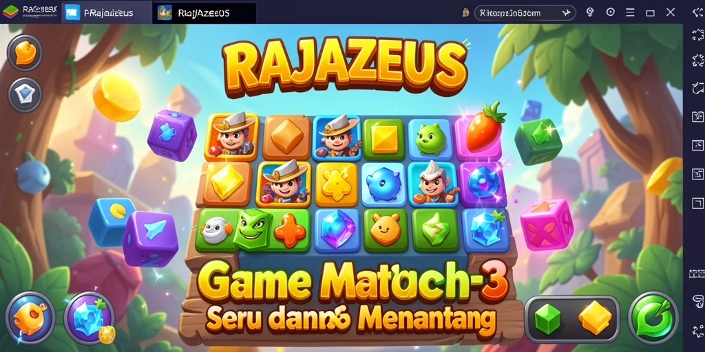 Tampilan menarik gameplay Match-3 RAJAZEUS yang penuh warna.