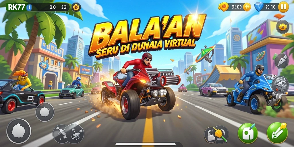 Gameplay seru RK77 dengan mobil balap di lintasan.