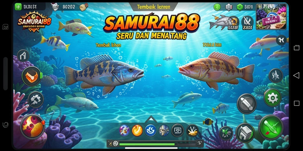 Tampilan gameplay seru dengan aksi menembak ikan.