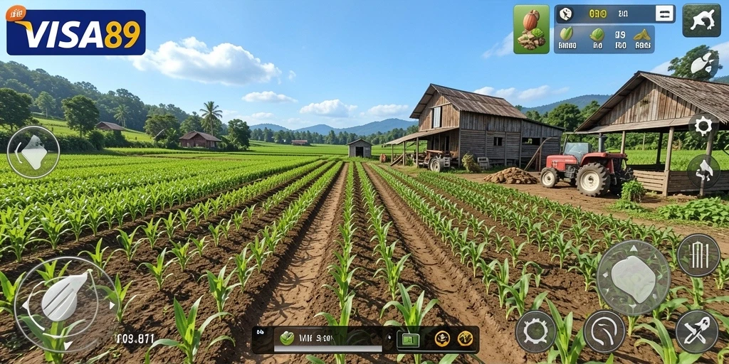 Tampilan gameplay seru saat bertani di VISA89 dengan berbagai tanaman.